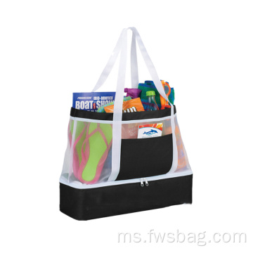 Custom Two Compartments Summer Beach Swimming Polyester Mesh Tote Beach Bags Beg Shopping Water untuk Lelaki Wanita